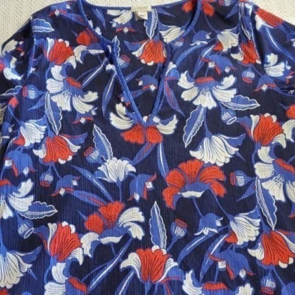 J. Crew Red, White & Blue Floral V-neck Embellished Sz. L Tunic - Picture 5 of 7
